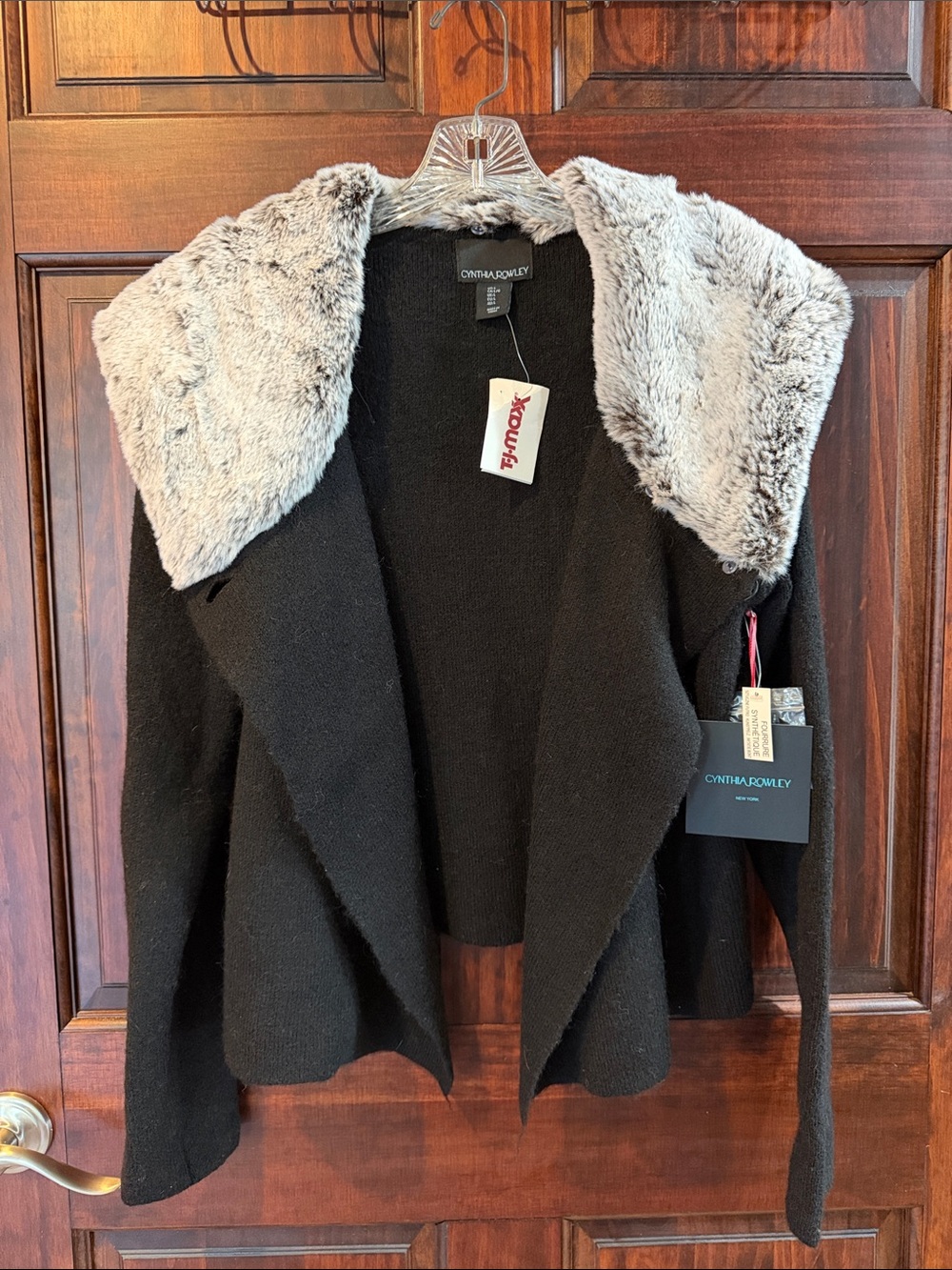 Cynthia Rowley Black Open-Front Cardigan with Light Gray Faux Fur Collar
